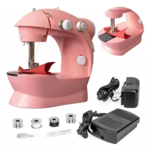 Mini Máquina De Costura Reta Bivolt ou Pilha C/Pedal Luz LED + Acessórios - Lanmax LMD202 Rosa